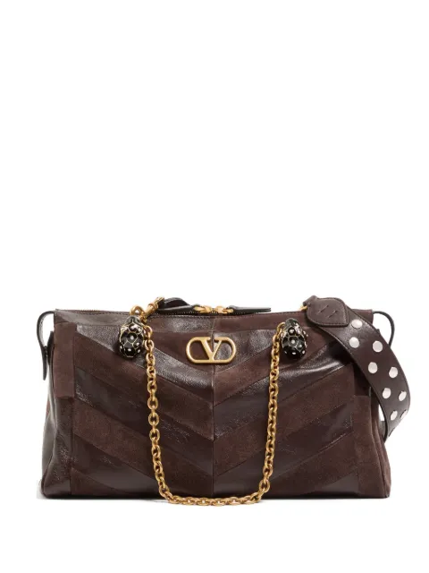 Valentino Garavani Panthea medium shoulder bag in suede and nappa with chevron motif Brown WB0S70DED