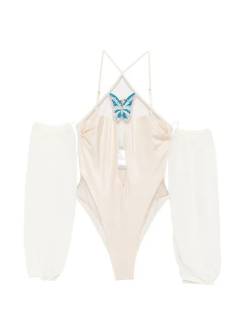 Mazzei beaded-butterfly swimsuit Neutrals 6LG51