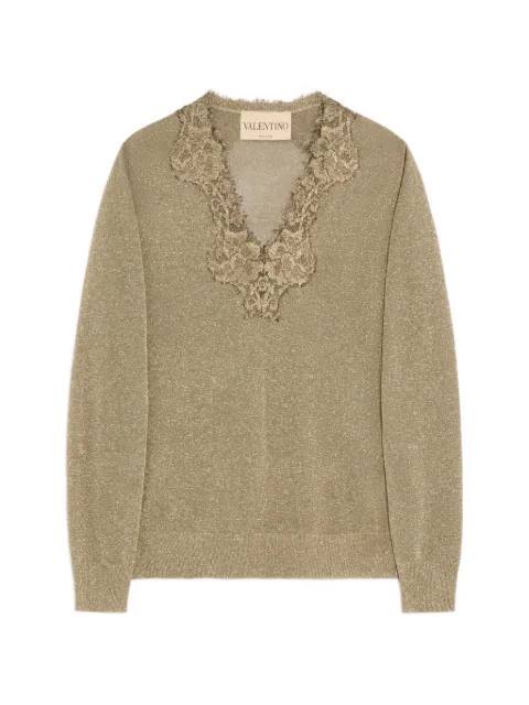 Valentino Garavani lace-trim metallic-effect sweater Gold BKC75CADG