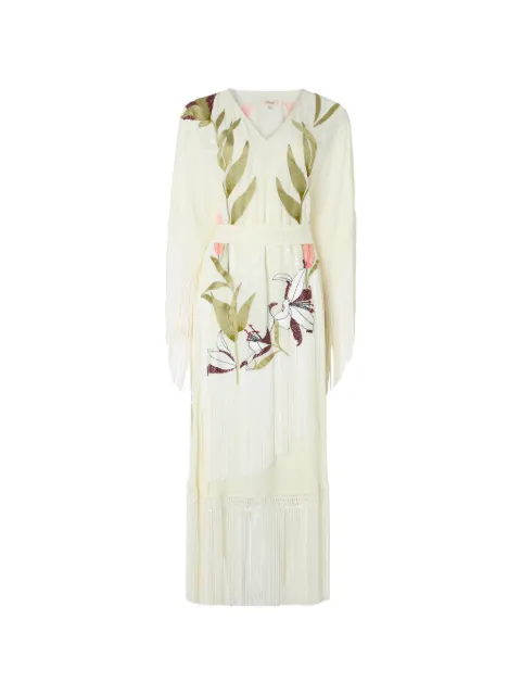 Temperley London Madeline floral-embroidered fringed kaftan Neutrals 26UMAD54989