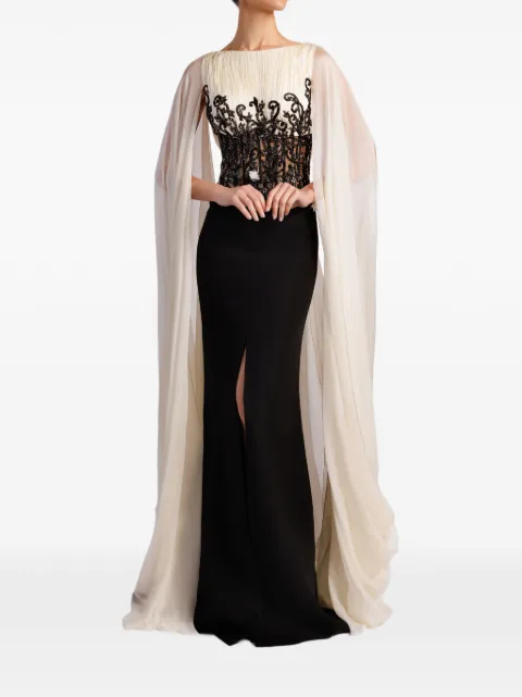 Gattinolli by Marwan embroidered cape-sleeve gown Neutrals GA7258