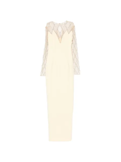 JEAN-LOUIS SABAJI crystal-grid embroidered crepe dress Neutrals 600168