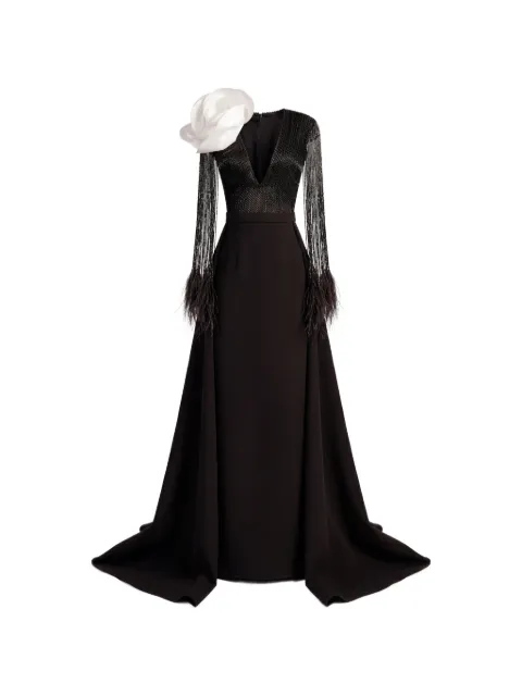 Gattinolli by Marwan flower-detail fringed mermaid gown Black GA7248