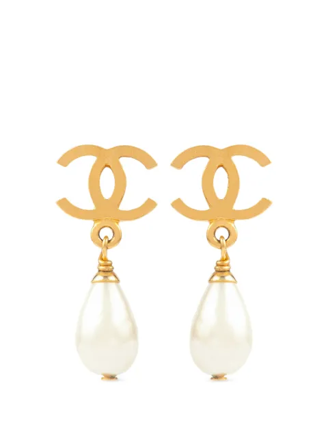 CHANEL Pre-Owned 1996 Interlocking-CC faux-pearl earrings Gold ER024601