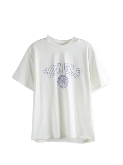 Vowels collegiate logo-print distressed T-shirt Neutrals T002