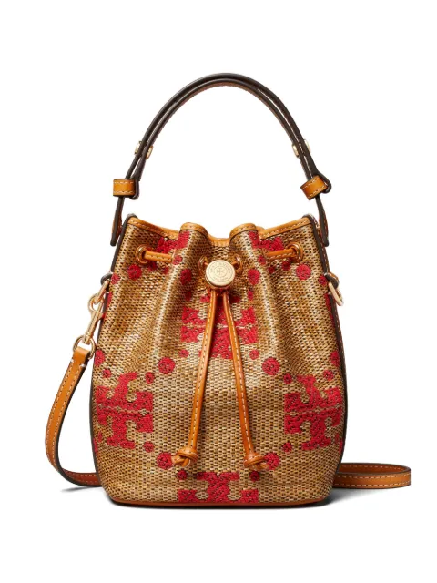 Tory Burch T Monogram straw mini bucket bag Neutrals 178813