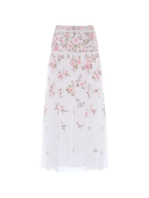 Needle & Thread Eden Rose embroidered midi skirt White SKMX01RHS26SWM