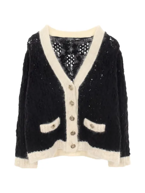 CHANEL Pre-Owned 1986-1988 Coco mark button cable knit cardigan Black 1058943