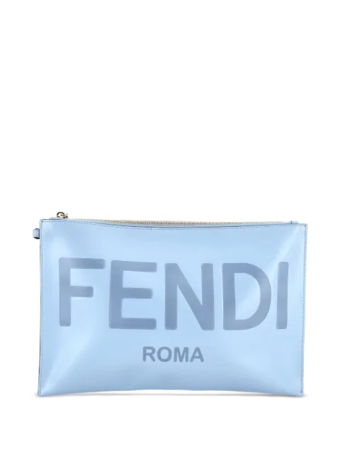 Fendi Pre-Owned Logo Flat Wristlet Pouch Embossed Leather Large clutch bag Blue KSTMROF30Q1ANPBY