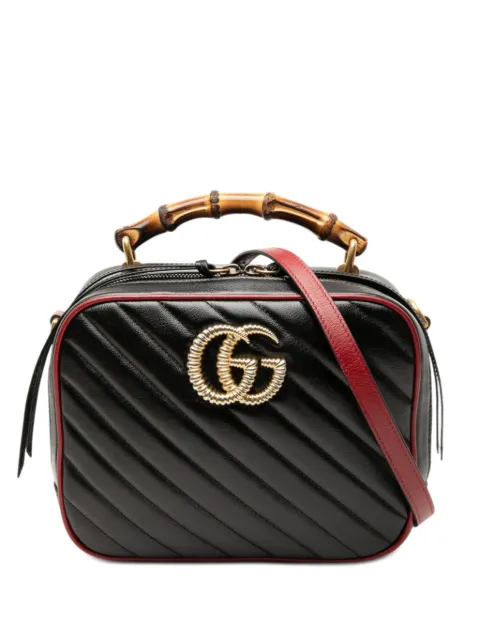 Gucci Pre-Owned 2016-2026 Small GG Marmont Matelasse Diagonal Leather Torchon Bamboo satchel Black KHZQ3DPJ01IMJN7J