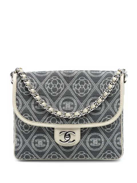 CHANEL Pre-Owned 2018 Camellia Printed Canvas Double Side Flap satchel Grey GZZ1J9Q32BTL3JLE