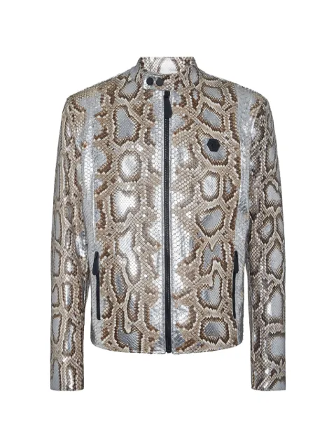 Philipp Plein python leather moto jacket Silver PADCMLB1860PLE029P