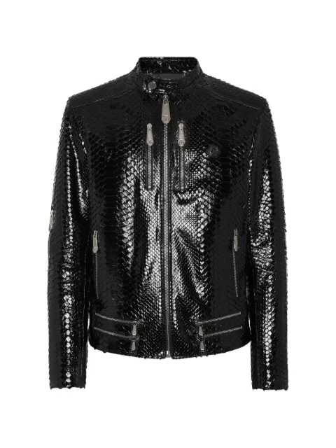 Philipp Plein python zipped leather moto jacket Black AADCMLB1877PLE029P