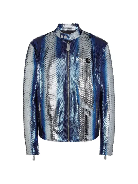 Philipp Plein python leather moto jacket Blue PADCMLB1860PLE029P