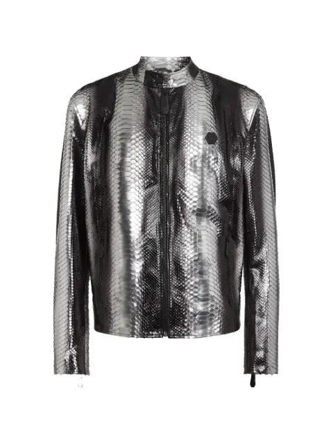 Philipp Plein python leather moto jacket Silver PADCMLB1860PLE029P