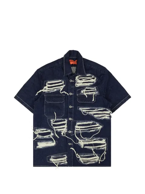 Who Decides War distressed short-sleeve denim shirt Blue 2637100000104DWSBLUE
