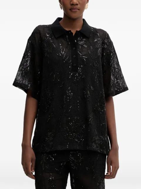 Isabelle Blanche sequin-embellished floral-lace polo shirt Black IS26SSC162T016