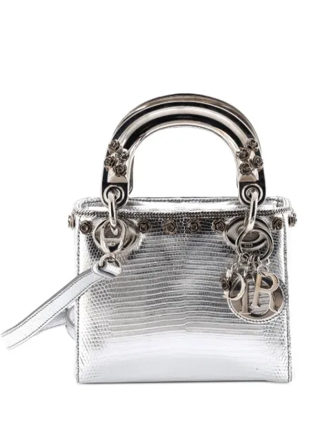 Christian Dior Pre-Owned Lady Dior Bag Lizard with Metal Applique Mini satchel Silver 8P4ZSKZL0LRUI86B