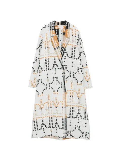 Forte Forte geometric-pattern fringed-trim coat White 15003MYCOAT
