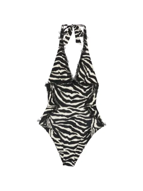 Ermanno Scervino zebra-pattern lace-trim swimsuit Black D484Y707XBW
