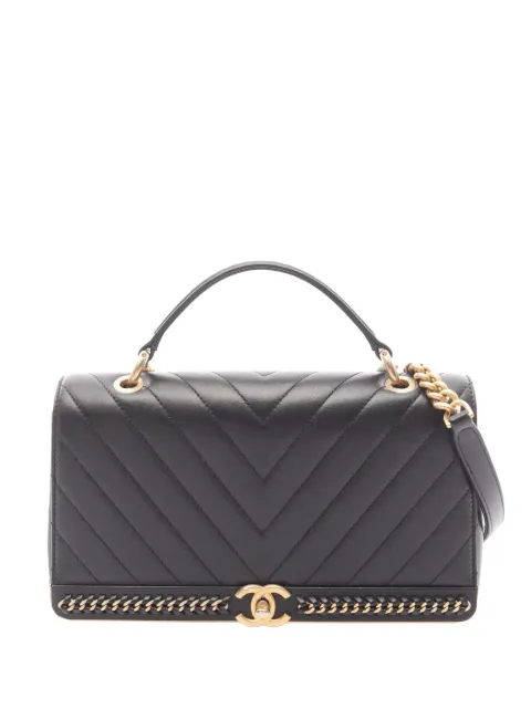 CHANEL Pre-Owned 2017-2018 Chevron Lambskin Stitched Chain Top Handle Flap satchel Black SQK9FRHWNJWK0AHE