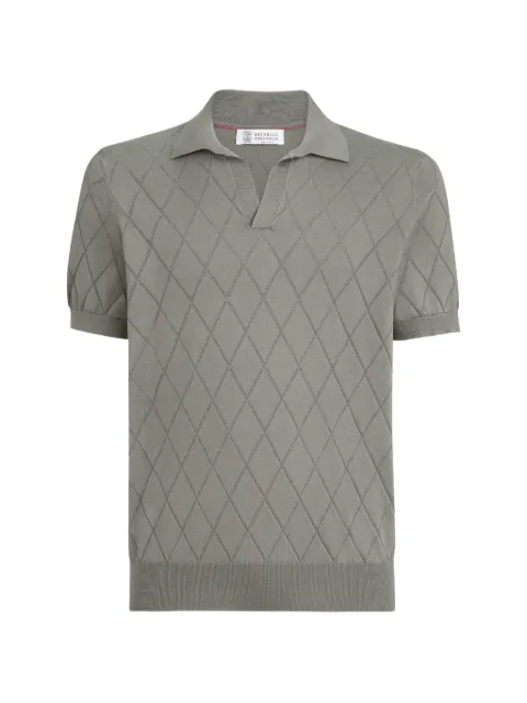 Brunello Cucinelli cotton textured argyle lightweight knit polo shirt Green M29806505PC7868