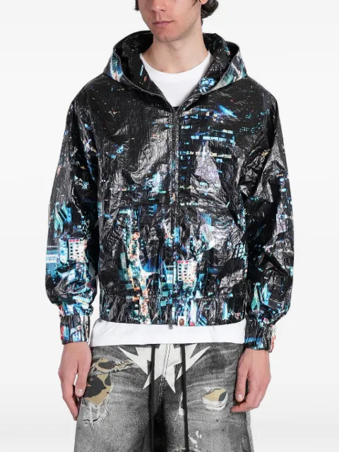 A BATHING APE® overall-print zip-up hooded jacket Black 001LJM301320M