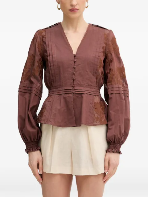 Silvian Heach embroidered pintuck-detail blouse Brown GPP26292BL