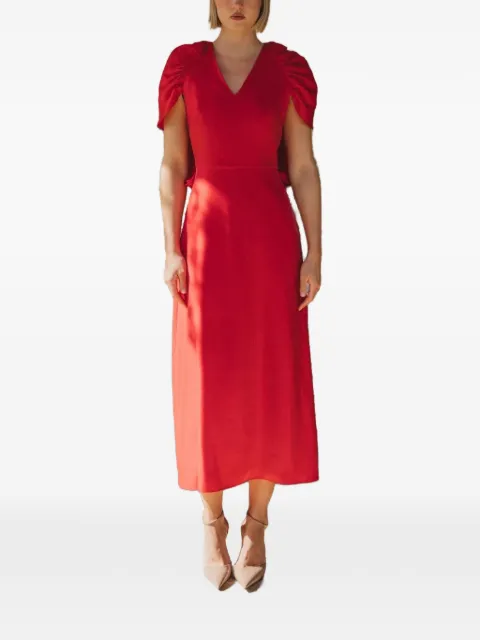 CHERUBINA Lux ruched-sleeve V-neck midi dress Red LUX