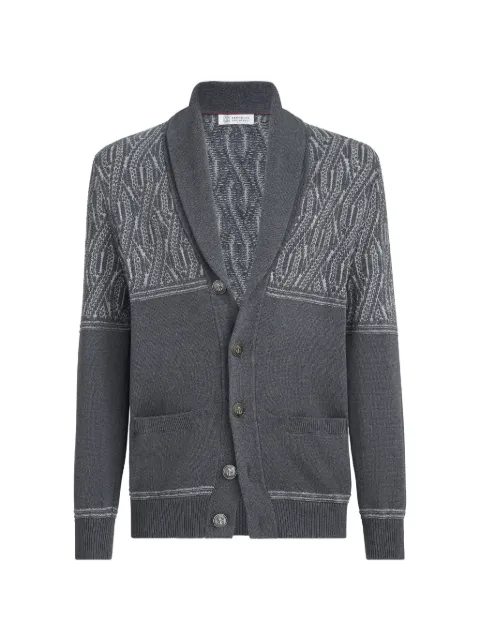Brunello Cucinelli cotton shawl-collar cardigan with jacquard cable shoulder Grey M28709406PCFO21