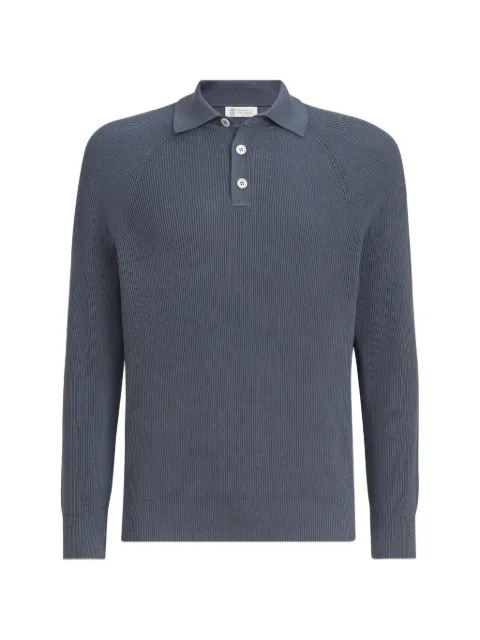 Brunello Cucinelli cotton English rib knit polo with long raglan sleeves Blue M29400105CFF32