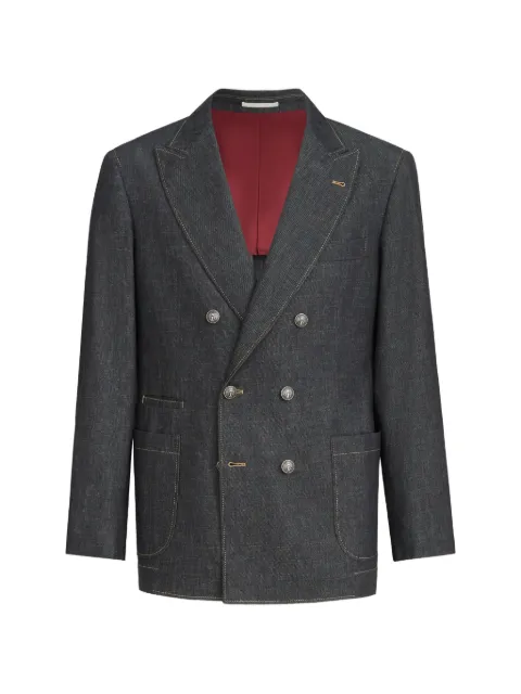Brunello Cucinelli no-fade lightweight denim one-and-a-half breasted deconstructed blazer with patch-pockets and metal buttons Grey MH2647DMDKC1474