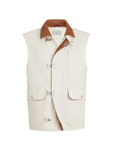 Brunello Cucinelli cotton and linen canvas vest with suede inserts and hook fastening White MH5446593PC9002