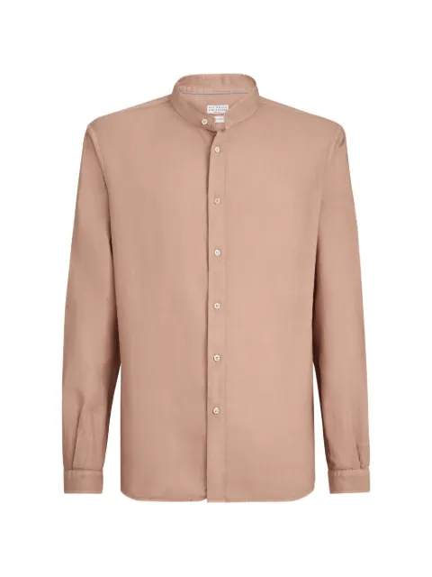 Brunello Cucinelli garment-dyed easy fit shirt in cotton and linen Pinpoint with Mandarin-collar Neutrals MD6980625PC2867