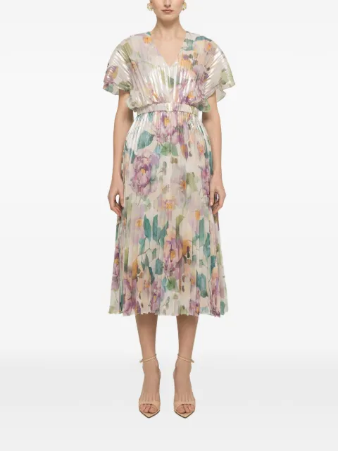 NISSA pleated floral-print midi dress Neutrals RS16611