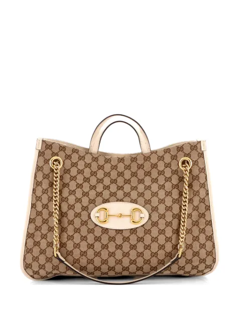 Gucci Pre-Owned Horsebit 1955 Chain GG Canvas with Leather Large tote bag Brown N4QDOARI6FHXIDZ1