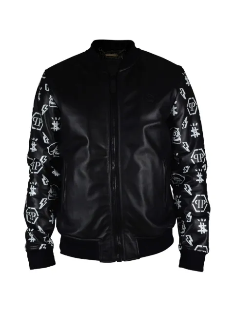 Philipp Plein leather bomber jacket Black PPBOMBERDESSINBLANC
