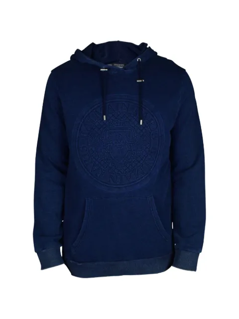 Balmain embossed-logo hoodie Blue W8H6690