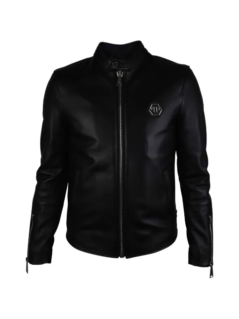Philipp Plein hexagonal logo biker jacket Black VESTEBIKERPPCUIRLISSENOIRSIMPLE1