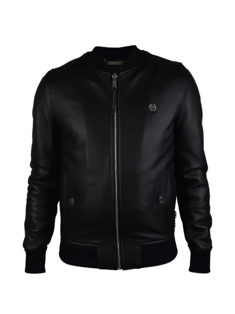 Philipp Plein logo button leather bomber jacket Black BOMBERCUIRLISSEARGENTBOUTONSLOGOPP5