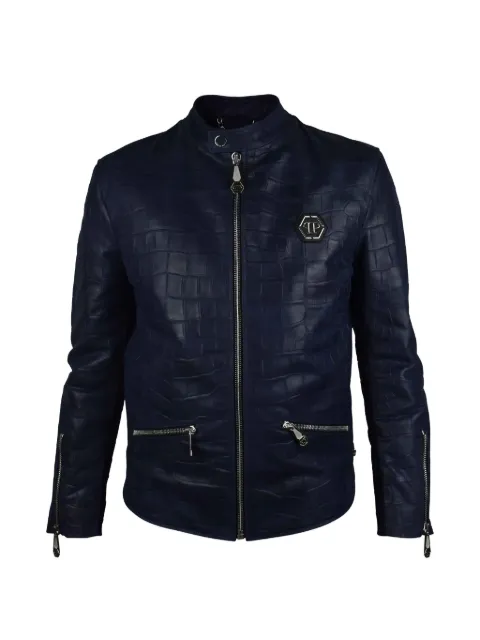 Philipp Plein croc-embossed biker jacket Blue VESTEBIKERCUIRCROCOBLEUMARINEARGENT7