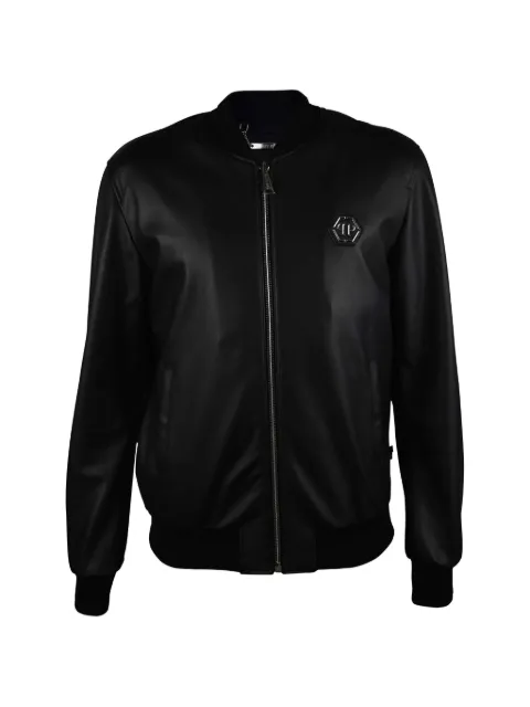 Philipp Plein hexagonal-logo leather bomber jacket Black VESTEBOMBERCUIRLISSENOIRARGENTZIPPBADGEPP11