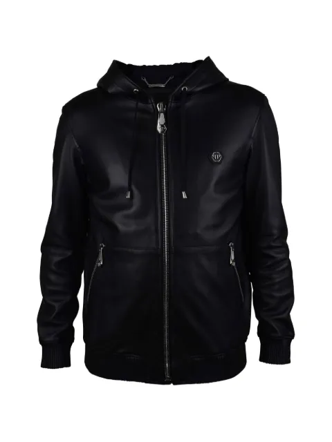 Philipp Plein hooded logo leather jacket Black VESTECAPUCHECUIRARGENT6