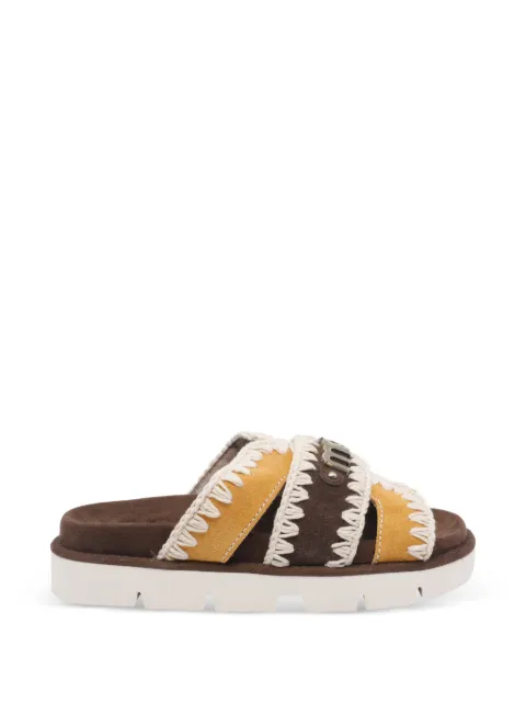 Mou Bio crochet-trim logo-plaque sandals Brown 461014ADPBRO
