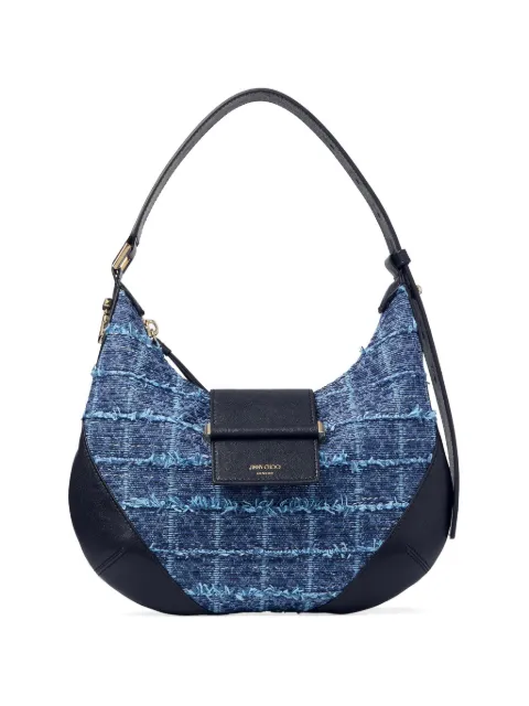 Jimmy Choo Bar small marine crosshatch denim fabric shoulder bag with biker leather trim Blue BARHOBOSFEJ