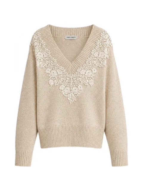 Alberta Ferretti lace-trim V-neck sweater Neutrals AEF262U09106601
