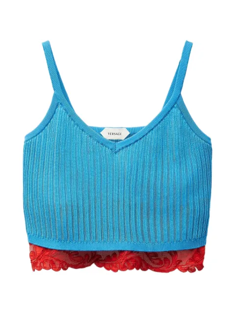 Versace lace-trim viscose-blend ribbed knit tank top Blue 10253101A18324