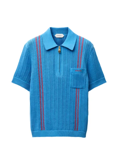 Versace Embroidered-Logo Cotton Knit Polo shirt Blue 10253531A18352