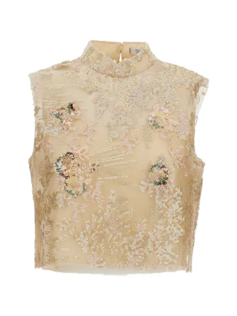 HUI MILANO Kalanchoe sequin-embellished floral-embroidered top Neutrals HW21GD3621