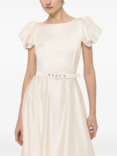 NISSA belted puff-sleeve midi dress Neutrals RS13845